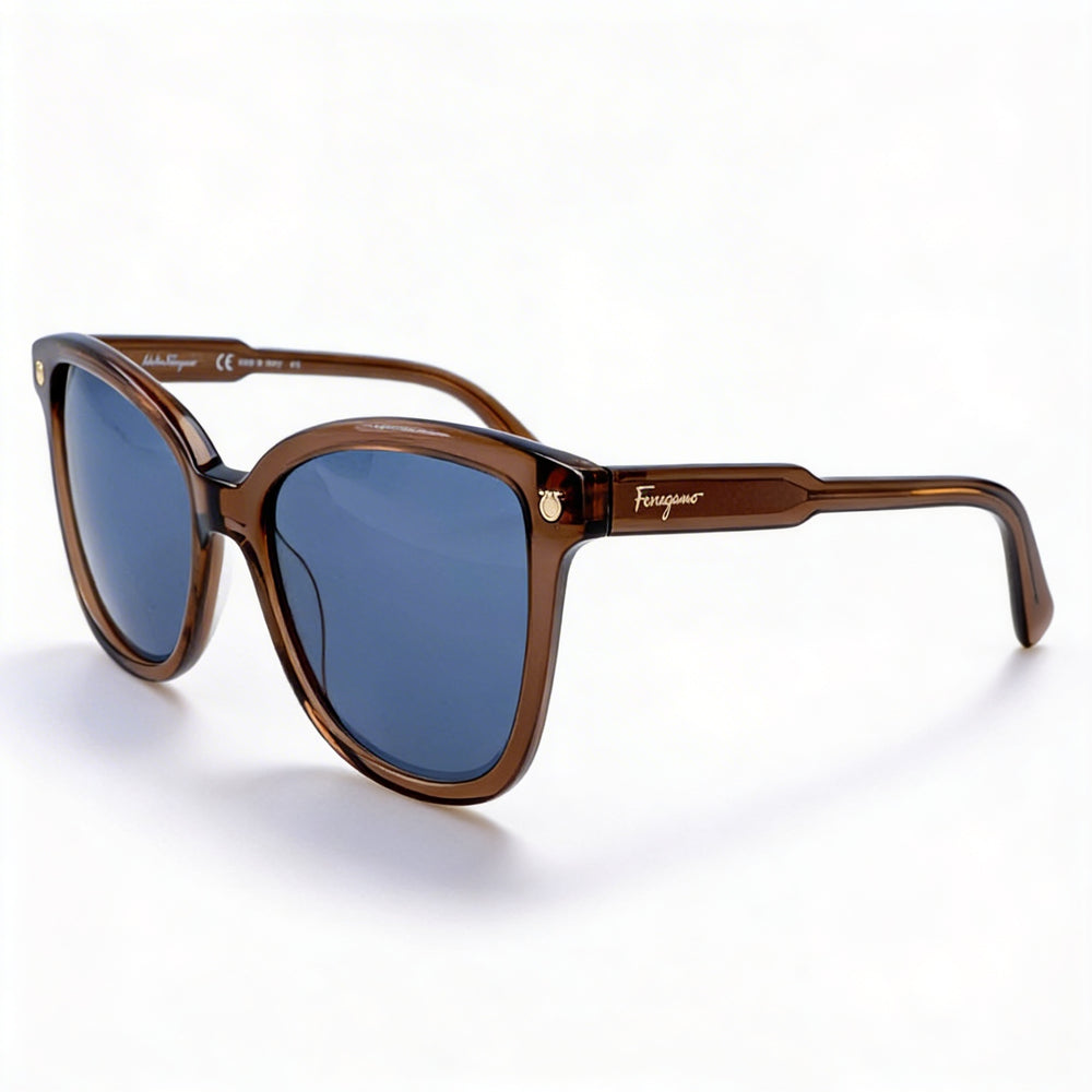 Gafas de sol Salvatore Ferragamo contemporáneas para mujer, armazón de plástico marrón, lente azul con protección UV de 56 mm