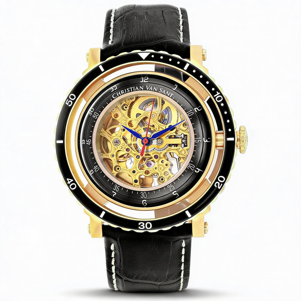 Reloj automático Christian Van Sant para hombre, caja de acero inoxidable en tono dorado con esfera esquelética, cristal de burbuja y correa de piel.