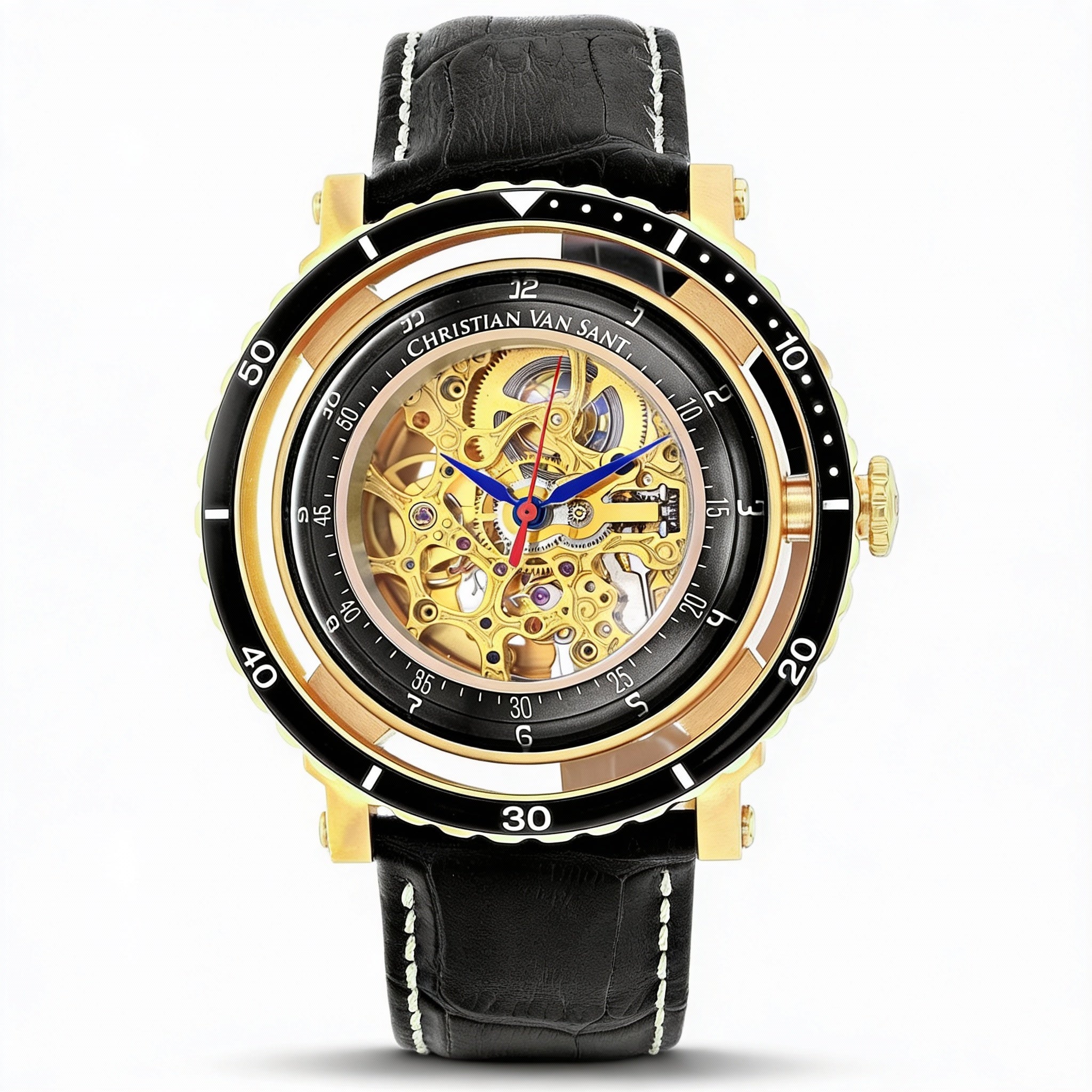 Christian Van Sant Men's Automatic Watch, Gold Tone Stainless Steel Case with Skeleton Dial, Bubble Glass, Leather Strap, Photo 1