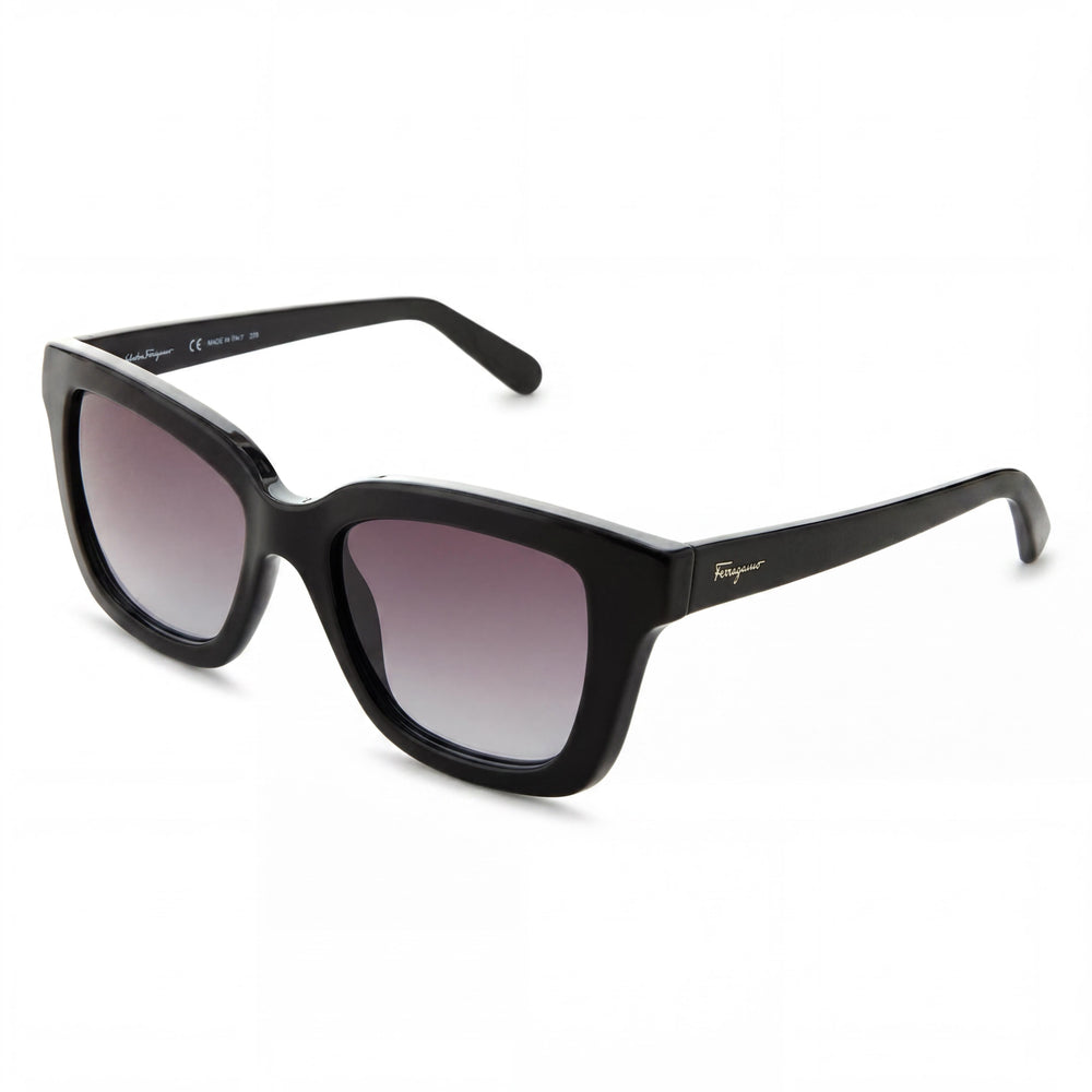 Gafas de sol cuadradas para mujer Ferragamo SF955S, montura de plástico negra y dorada, cristales grises degradados con 100 % de protección UV, 53 mm