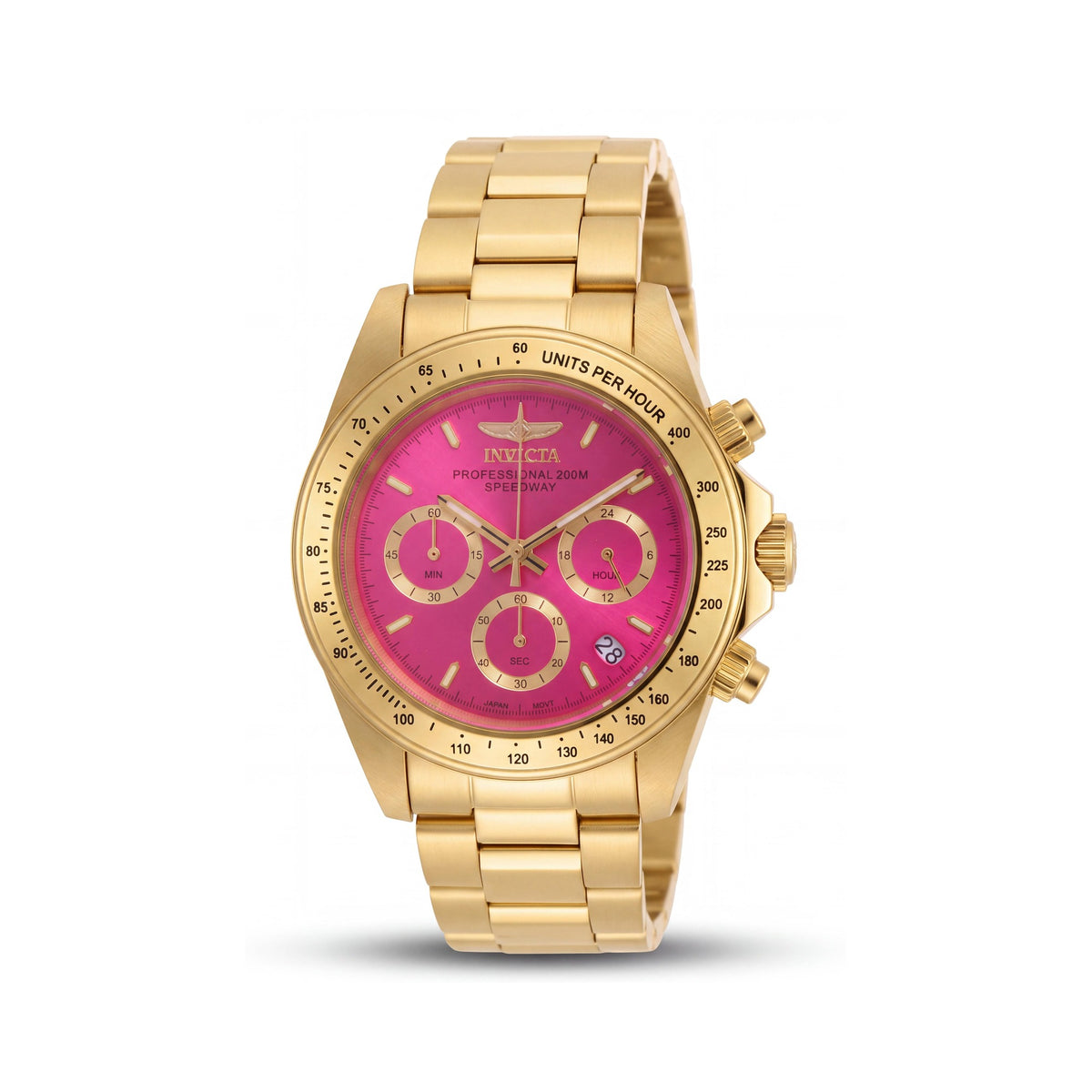 Reloj cronógrafo Invicta Speedway 18255 para mujer, de acero inoxidable con baño de iones de oro de 18k, esfera rosa intenso, con brazalete, 39 mm, Photo 1