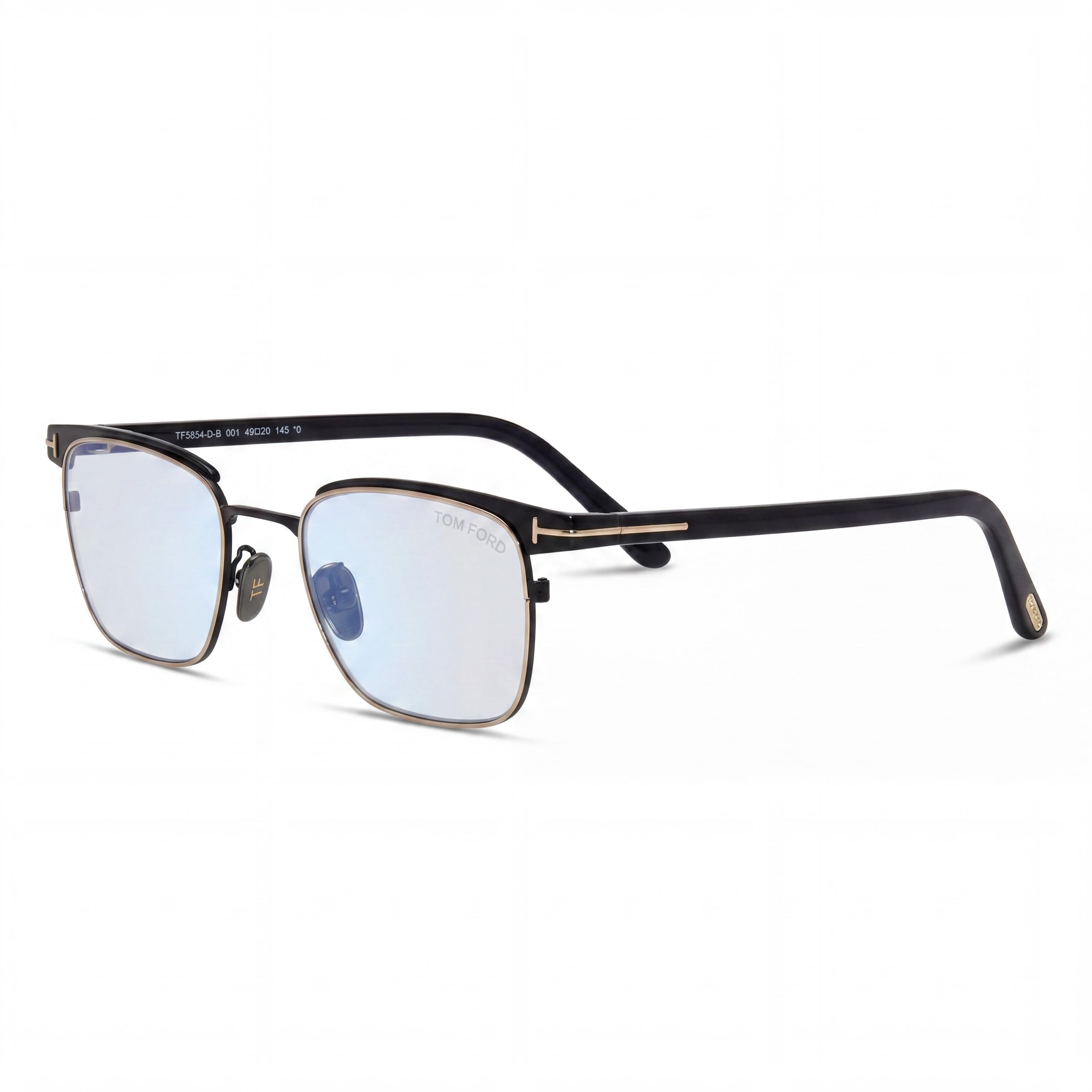 Gafas Tom Ford Ft5854-db para hombre, con montura rectangular de metal, logo T en negro brillante y oro rosa, bloque azul transparente, 49-20-145, Photo 1