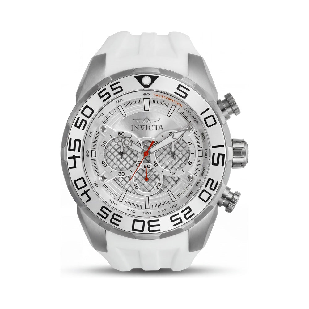 Reloj cronógrafo de cuarzo Invicta Speedway para hombre, de acero inoxidable, 50 mm, esfera plateada, correa de silicona blanca y manecillas luminosas.