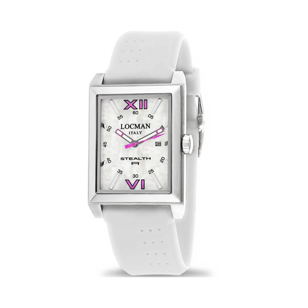 Reloj Locman para hombre con movimiento de cuarzo, caja de acero inoxidable blanco, esfera de nácar, correa de silicona y resistente al agua.