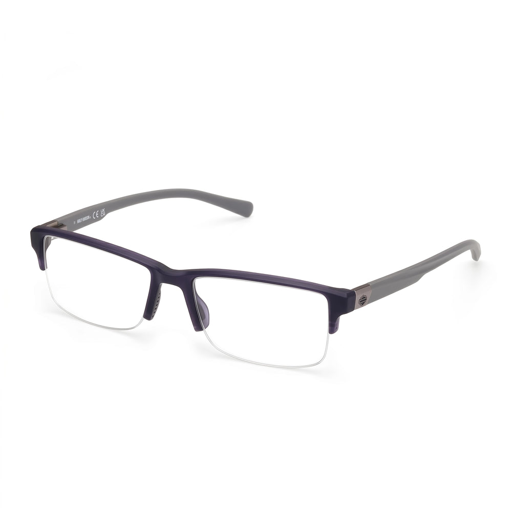 Gafas graduadas Harley-Davidson auténticas para hombre, con montura gris y acabado azul mate.