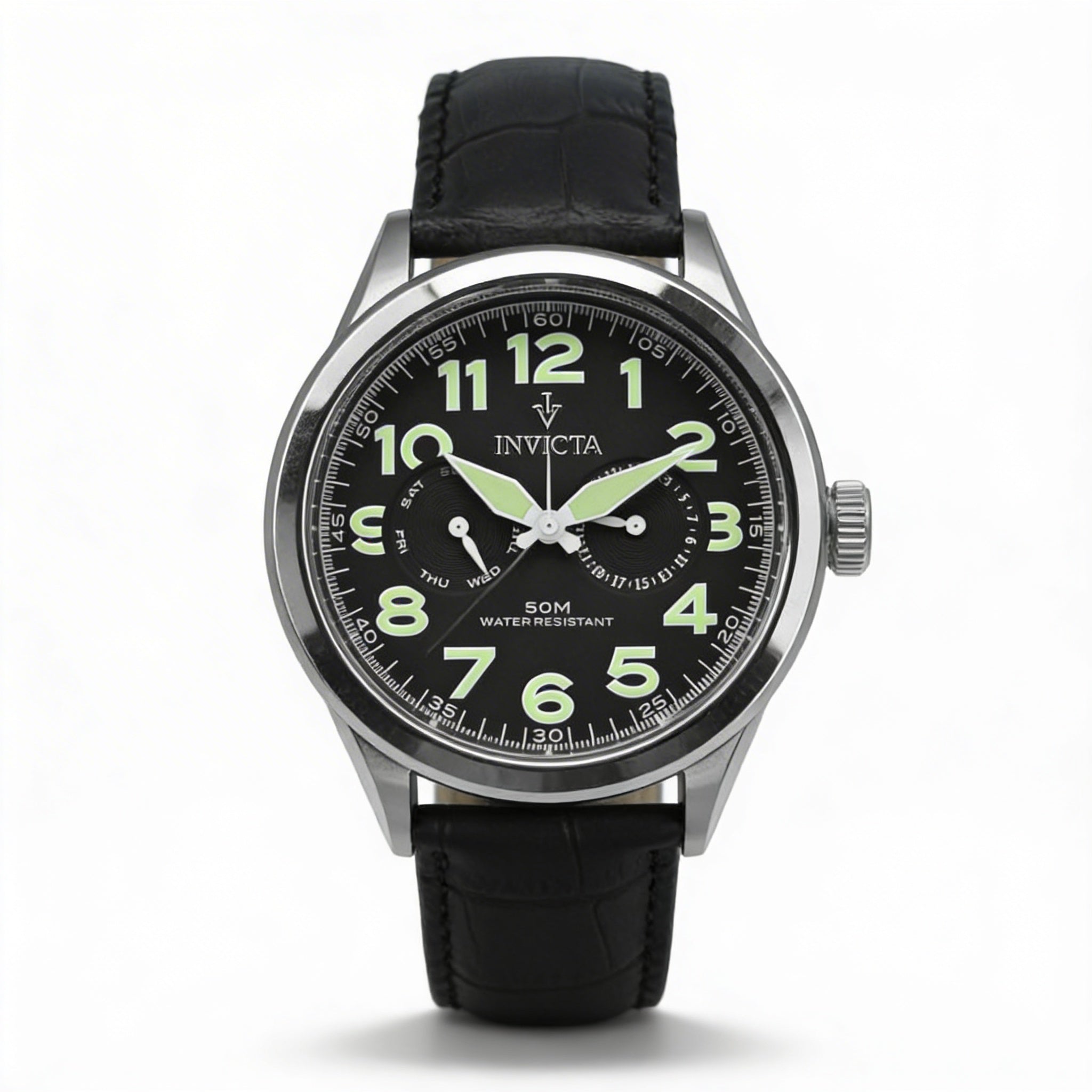 Reloj Invicta Casual para hombre, de cuarzo, acero inoxidable, cuero y esfera negra con pantalla luminosa, resistencia al agua de 50 m, 45 mm, Photo 1