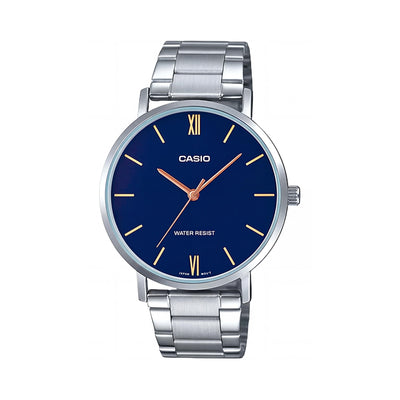 Casio MTP-VT01D-2BUDF Unisex 40mm Silver Stainless Steel Bracelet Watch with Blue Dial, Analog Quartz, Water Resistant