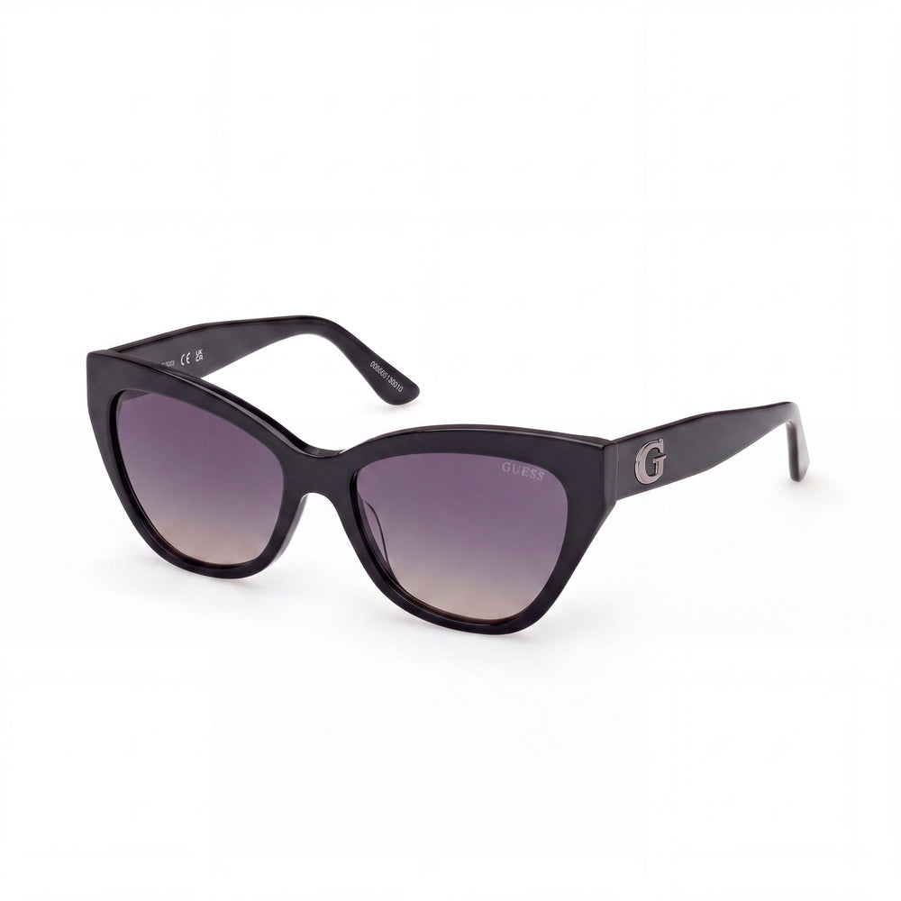 GUESS GU70204 Gafas de sol de plástico negro brillante para mujer con lentes no polarizadas de humo degradado UV 400 de 55 mm