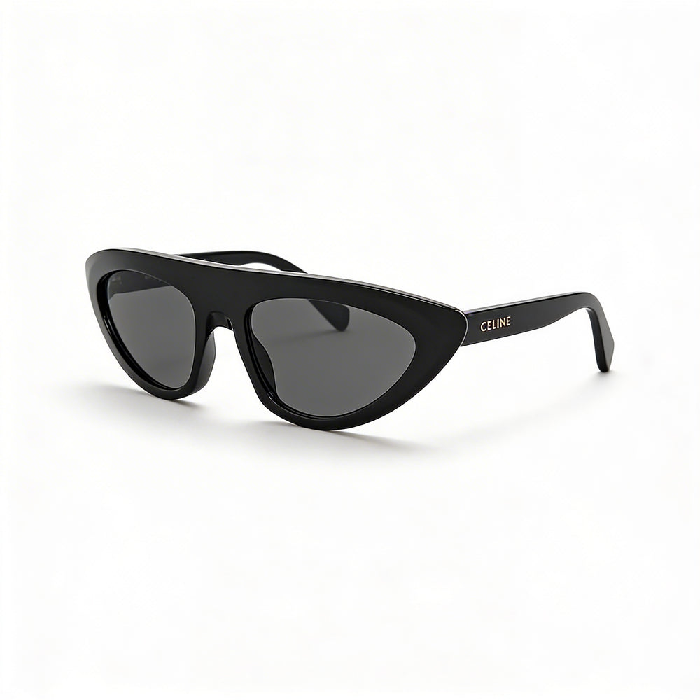 Celine CL40261I - Montura unisex de acetato negro brillante con forma irregular y lentes de poliamida azul, ajuste de puente alto