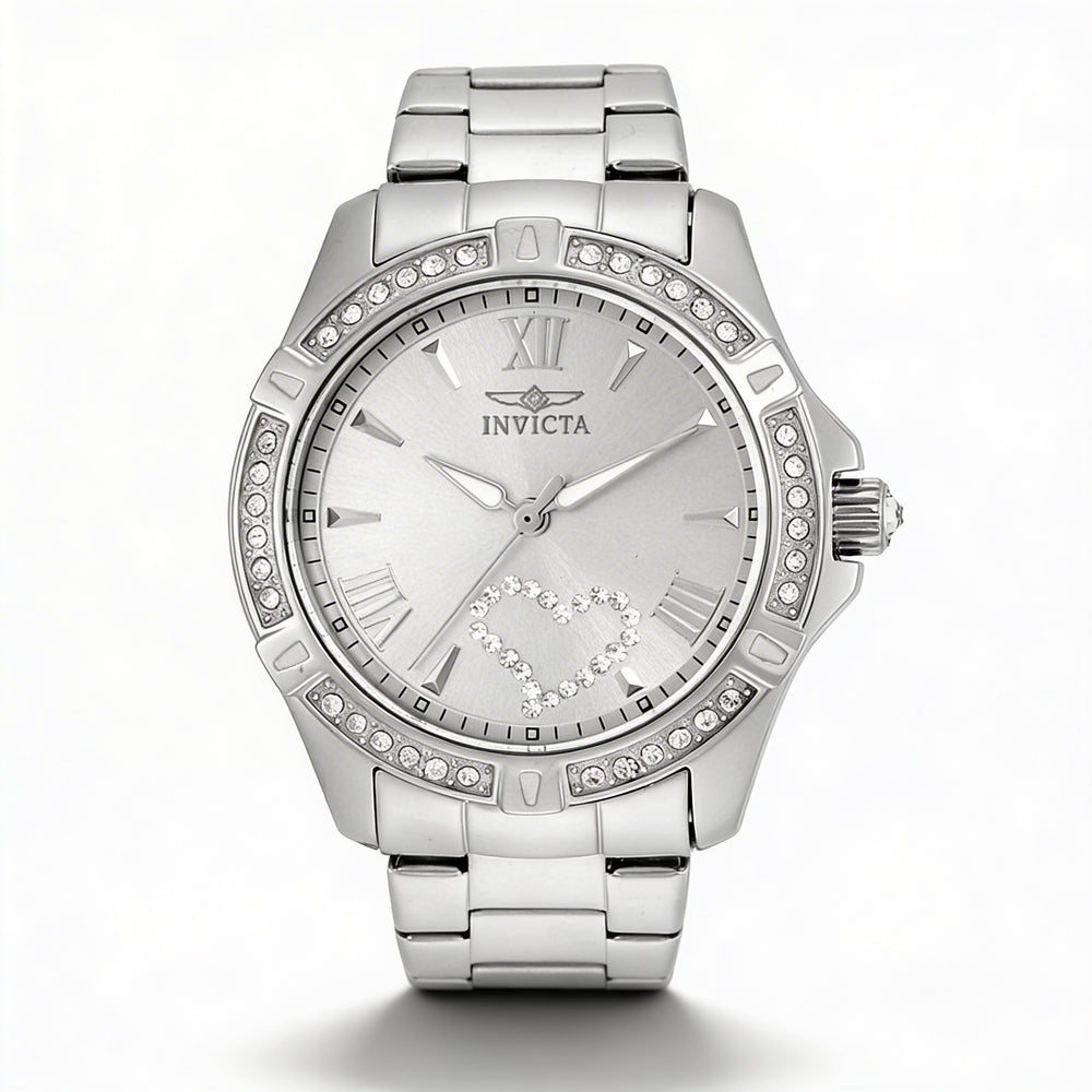 Pulsera Invicta Angel 21383 de cuarzo con bisel de cristal y acero inoxidable plateado para mujer, resistente al agua hasta 100 m, 35 mm