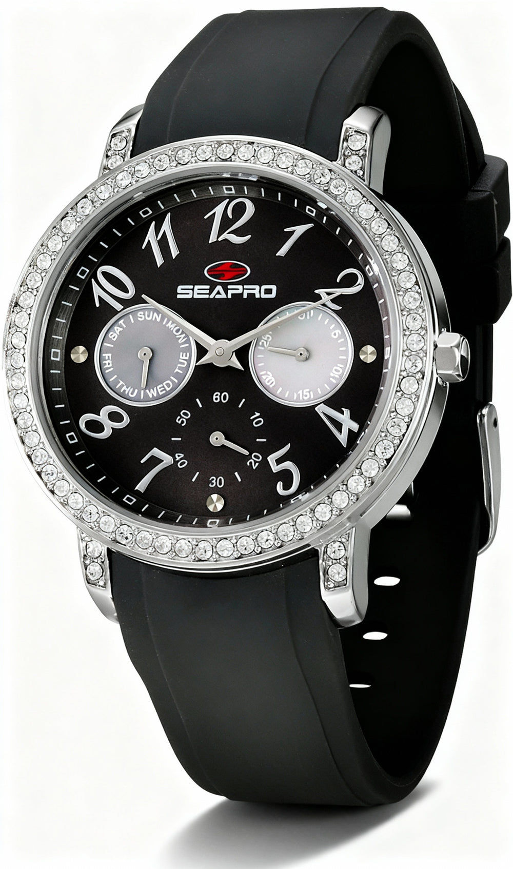 Seapro Casual Women's Stainless Steel Quartz Multifunction Watch, Grey Dial, D-Crystals Bezel, 50m WR
