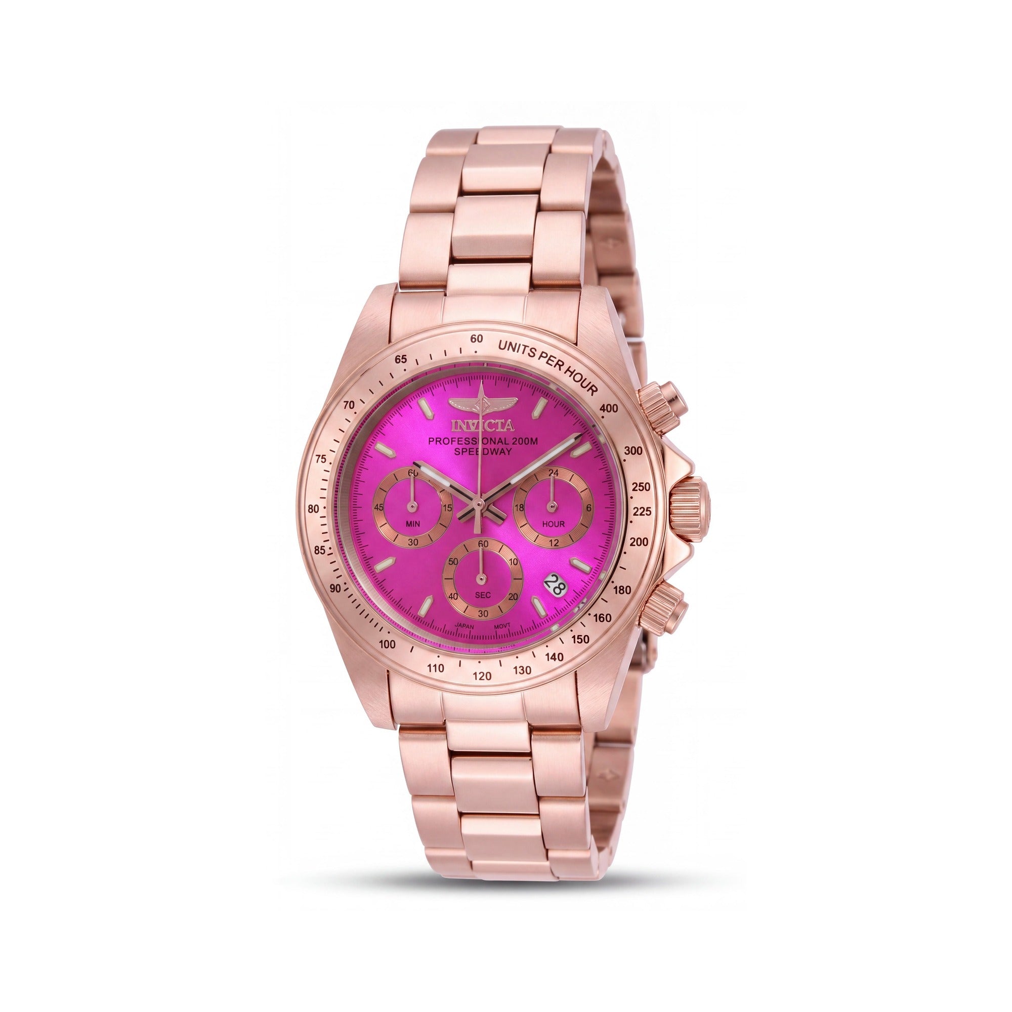 Invicta Bracelet Unisex Pink Rose Gold Stainless Steel Chronograph Watch, Glow In The Dark, 200M Water Resistant, Photo 1