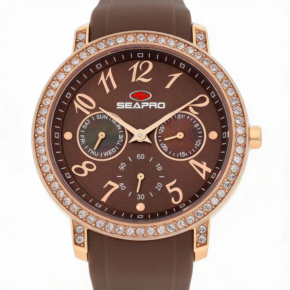 Reloj Seapro Casual para mujer, esfera marrón, acero inoxidable, silicona, cuarzo, 37 mm, resistente al agua