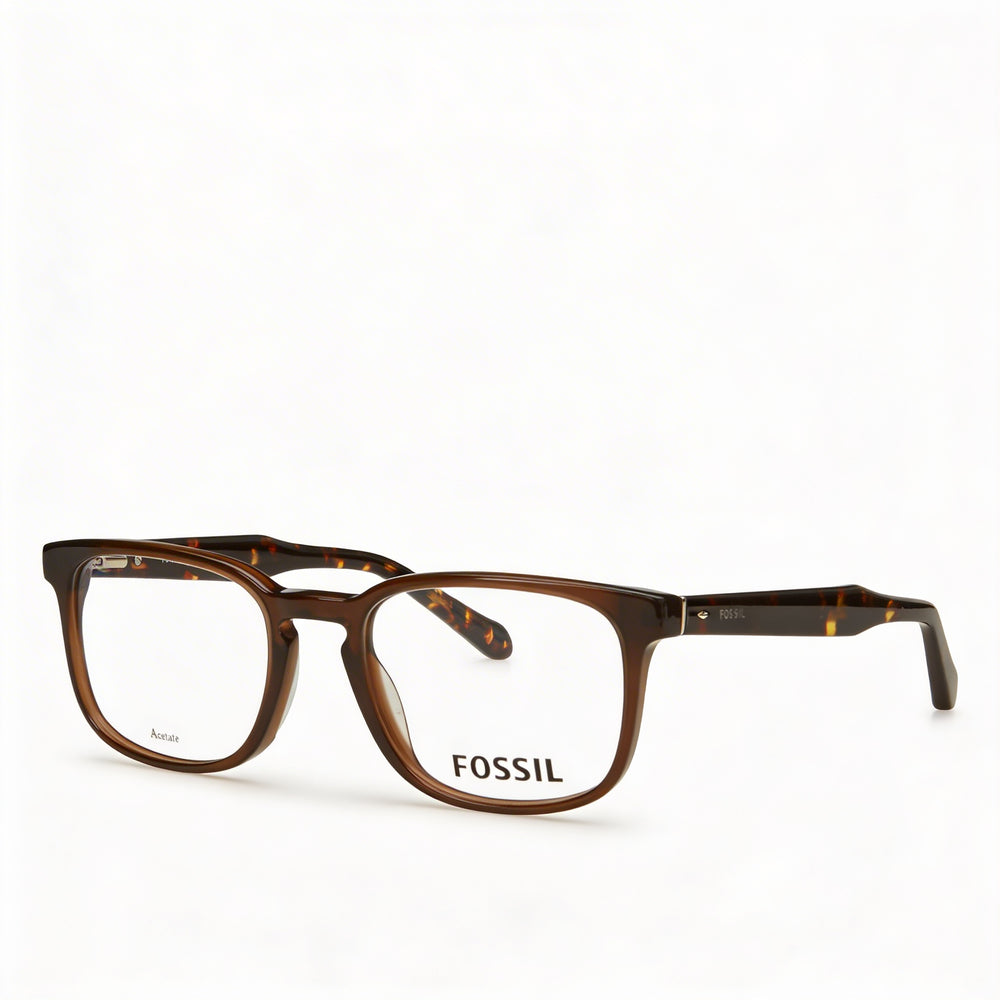 Montura de gafas de acetato para mujer Fossil 7014, color marrón cristal, ancho de lente de 51 mm, puente de 20 mm, patilla de 145 mm