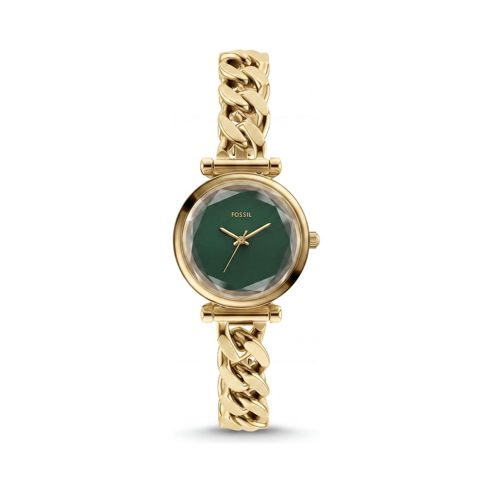Reloj Fossil ES5441 unisex con correa de acero inoxidable tono dorado, esfera verde, caja redonda y movimiento de cuarzo de tres manecillas