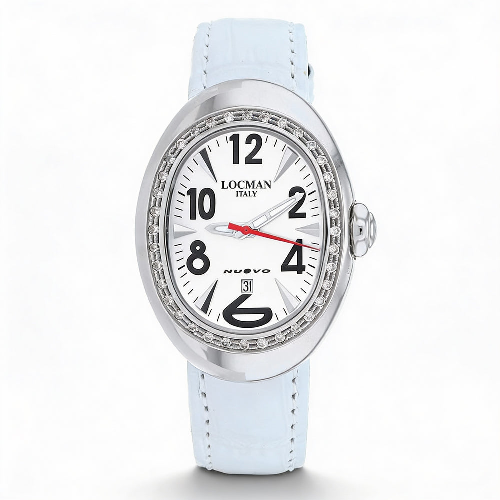 Reloj Locman para mujer con movimiento de cuarzo, acero inoxidable blanco, correa de piel, esfera de nácar, resistente al agua