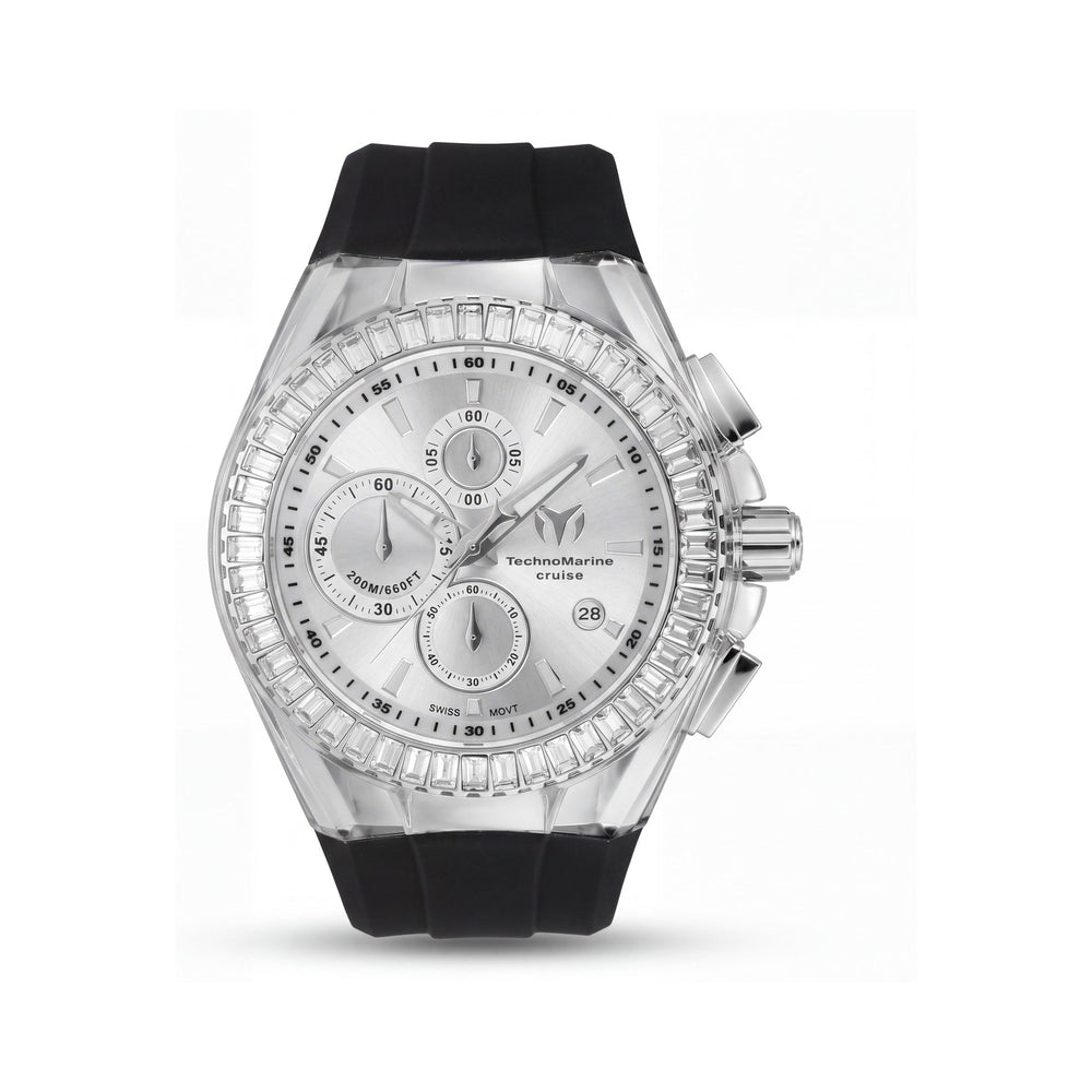 Reloj Technomarine Cruise TM-121150 para hombre, de cuarzo, cronógrafo, caja de acero inoxidable de 45 mm, esfera plateada y correa de silicona