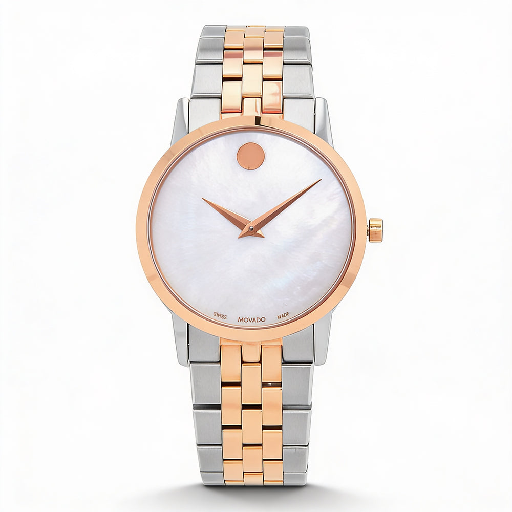 Reloj Movado Museum Classic para mujer, de acero inoxidable, bicolor, plateado y dorado rosa, con bisel de 33 mm.