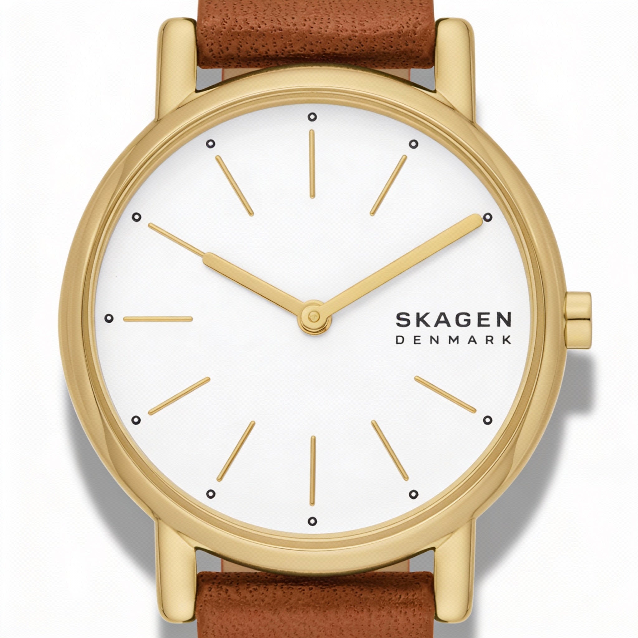SKAGEN DENMARK Signatur Lille Women's Gold-Tone Stainless Steel Brown Leather Watch with White Dial 30mm