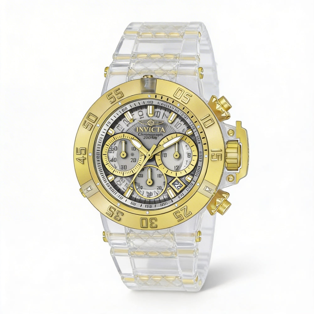 Reloj cronógrafo Invicta para mujer de acero inoxidable de 42 mm con correa de silicona blanca y tono dorado.