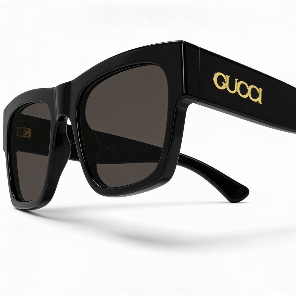 Gucci Fashion Unisex Black Acetate Square Frame Sunglasses with Black Lenses, RX-Able, 54-20-150mm Dimensions