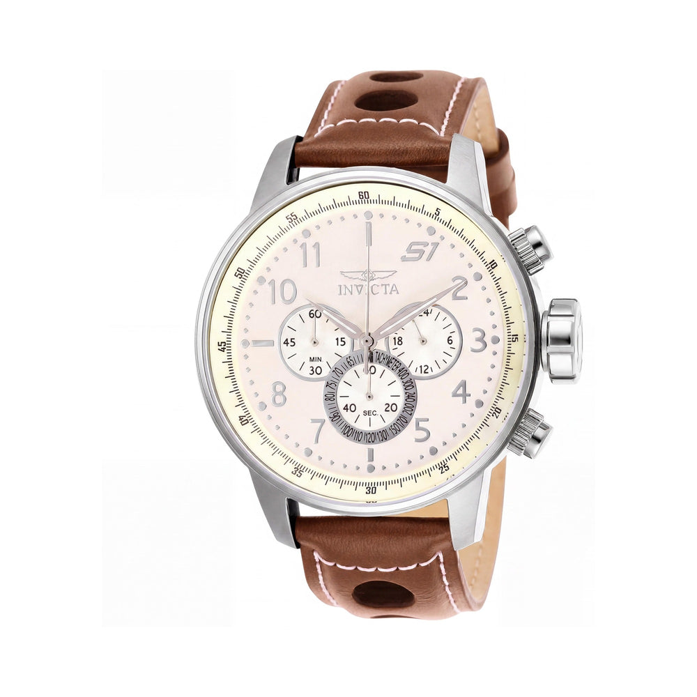 Invicta S1 Rally 25724 Reloj de hombre, acero inoxidable tono plateado, esfera marfil, correa de cuero marrón, taquímetro, 48 mm