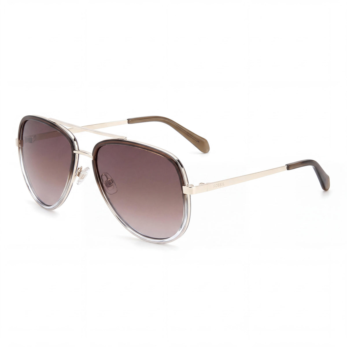 Fossil Women's Pilot Stainless Steel Sunglasses Olive/Brown Frame Brown Shaded Lenses 100% UV Protection 59mm, Photo 1
