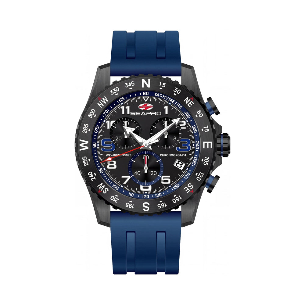 Reloj cronógrafo de cuarzo Seapro para hombre, caja de acero inoxidable negro, correa de caucho, resistente al agua hasta 100 m.