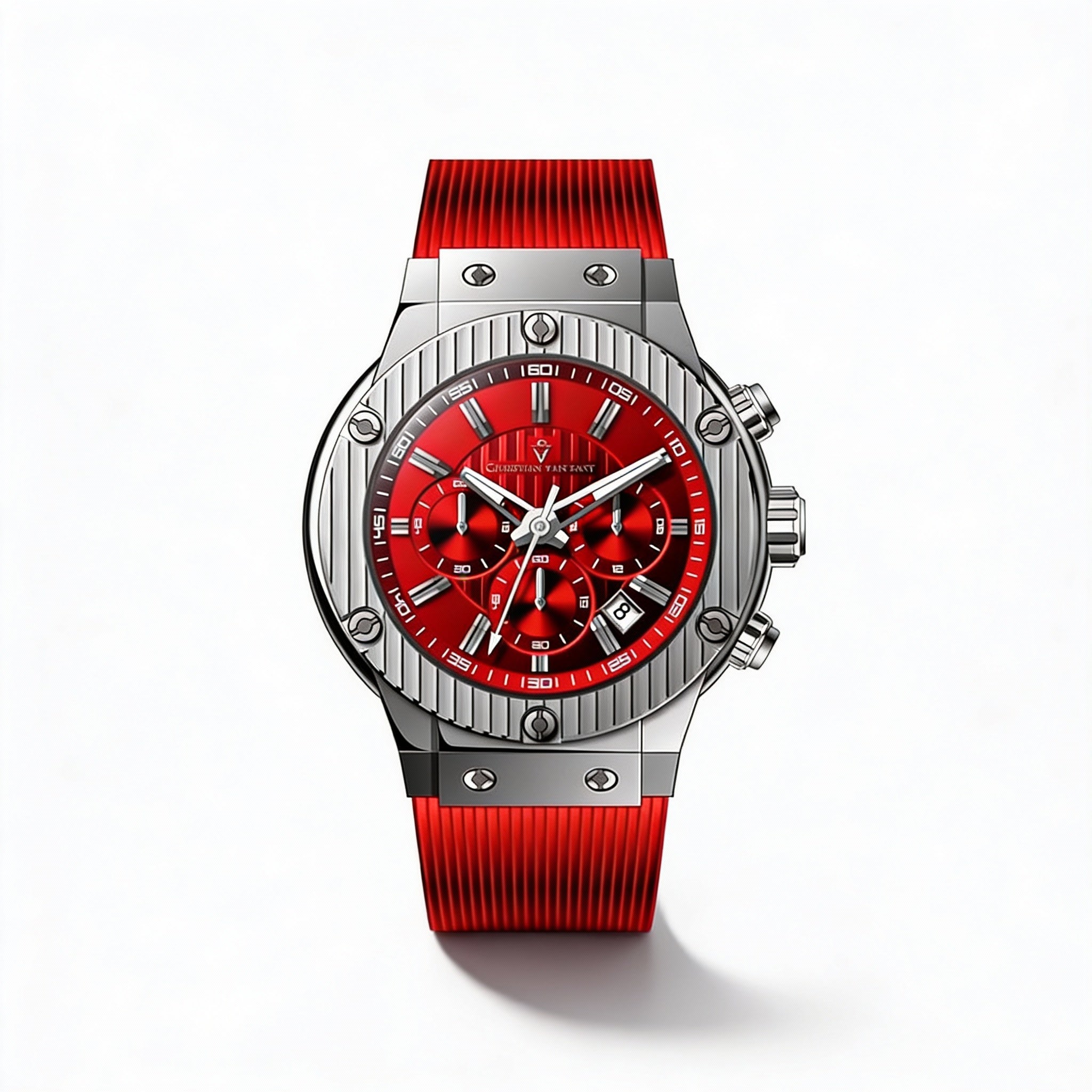 Christian Van Sant strap Men's Red Rubber Strap Stainless Steel Case Water Resistant 50M Scratch Resistant Mineral Quartz Watch, Photo 1