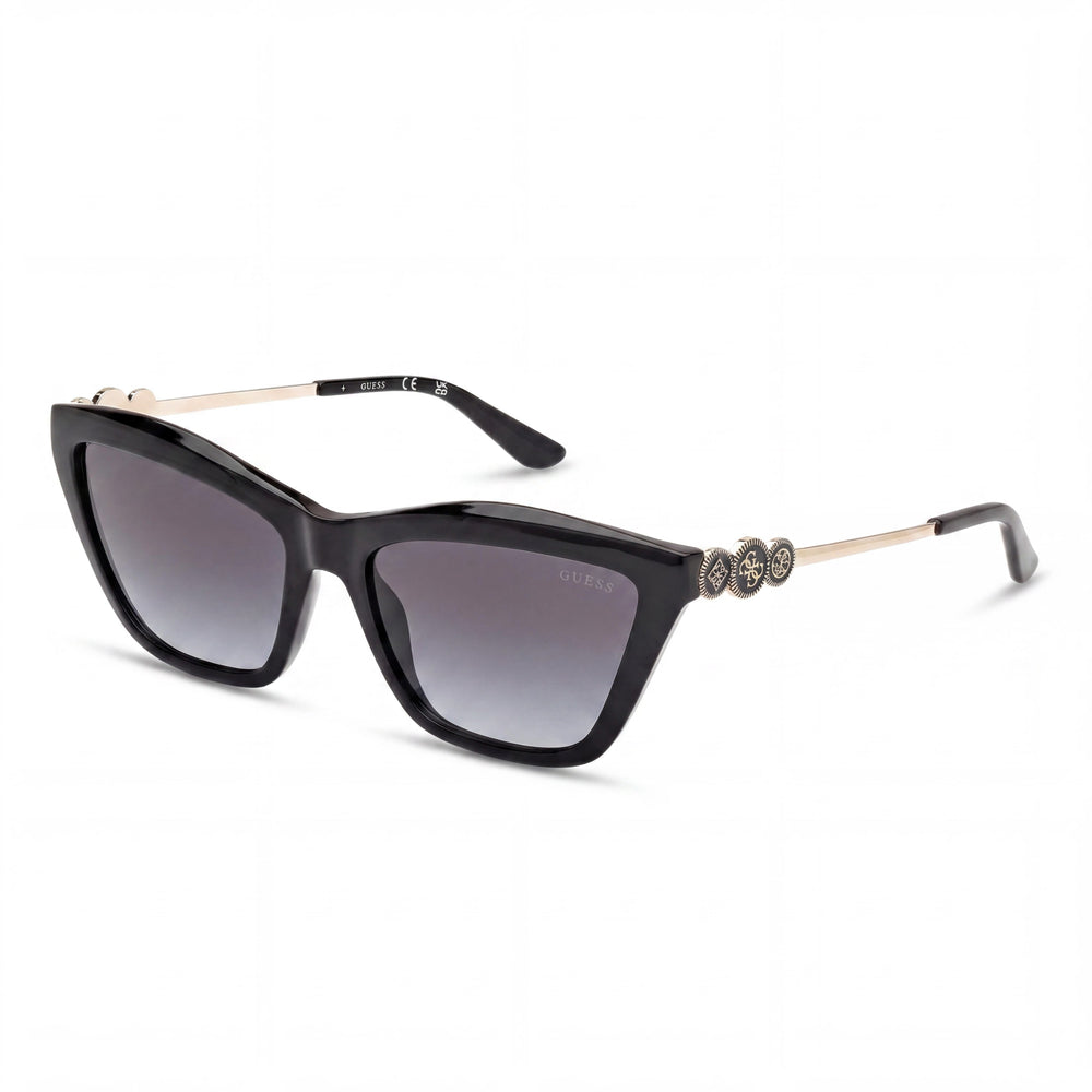 GUESS GU00199 Gafas de sol de plástico tipo cat-eye para mujer, con montura negra brillante y lentes de efecto degradado en tono ahumado, 56 mm