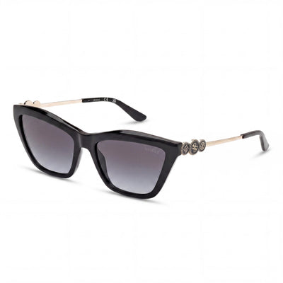 Gafas de sol de mujer tipo cat-eye GUESS de plástico, montura negra brillante, lentes ahumadas degradadas, 56 mm