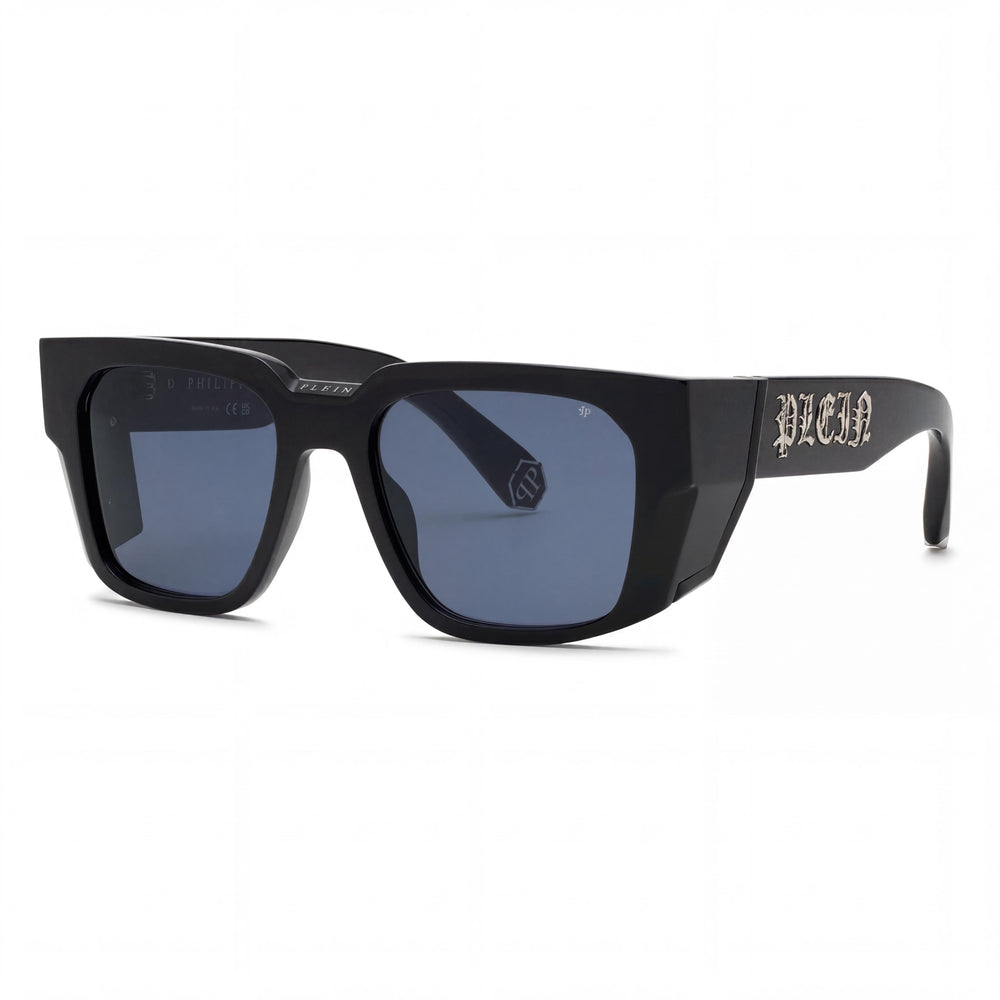 Philipp Plein Spp130m Men's Shiny Black Cellulose Acetate Sunglasses, Blue Non-Polarized UV Protection Lenses, 54mm