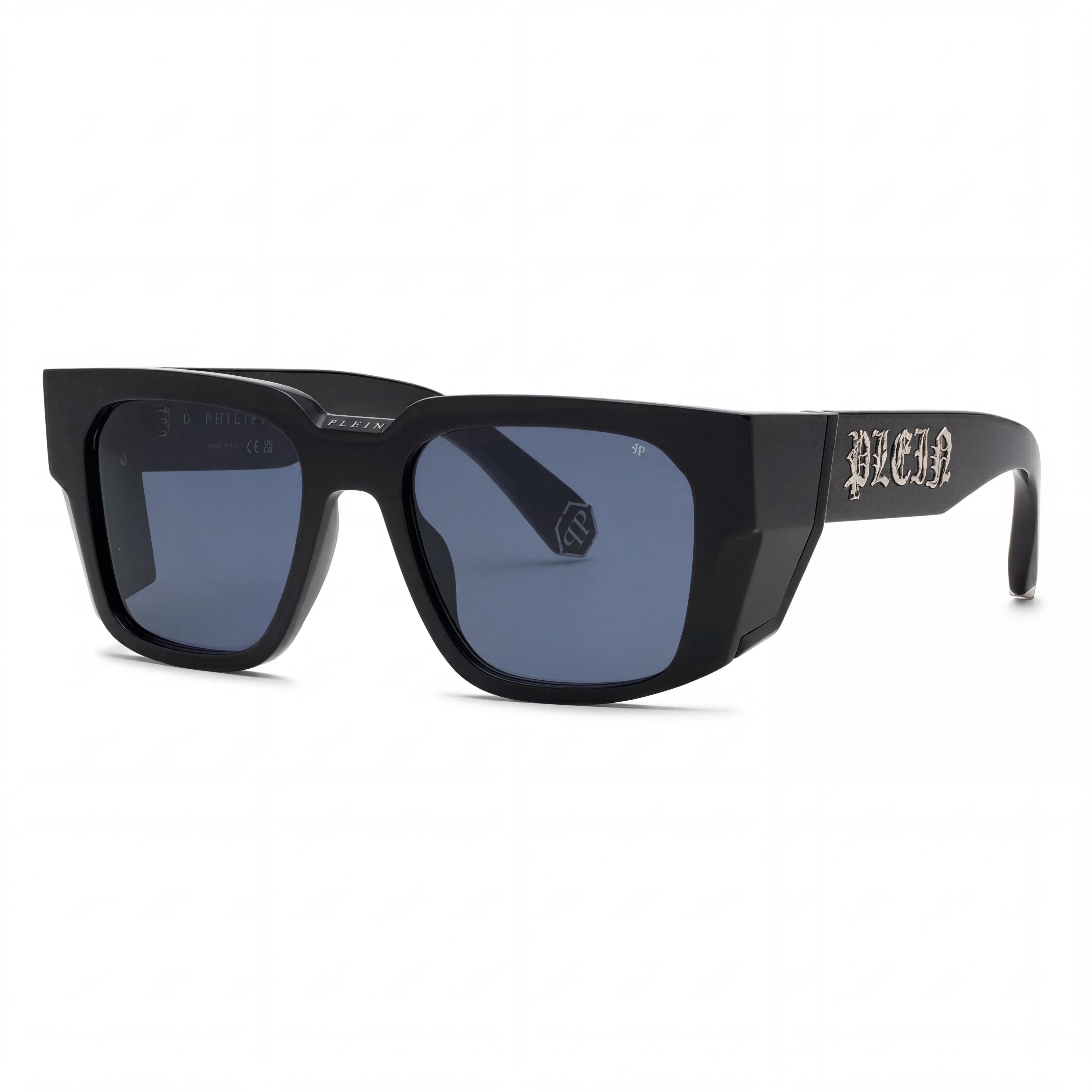 Gafas de sol Philipp Plein Spp130m para hombre, de acetato de celulosa negro brillante, lentes azules no polarizadas con protección UV, 54 mm, Photo 1