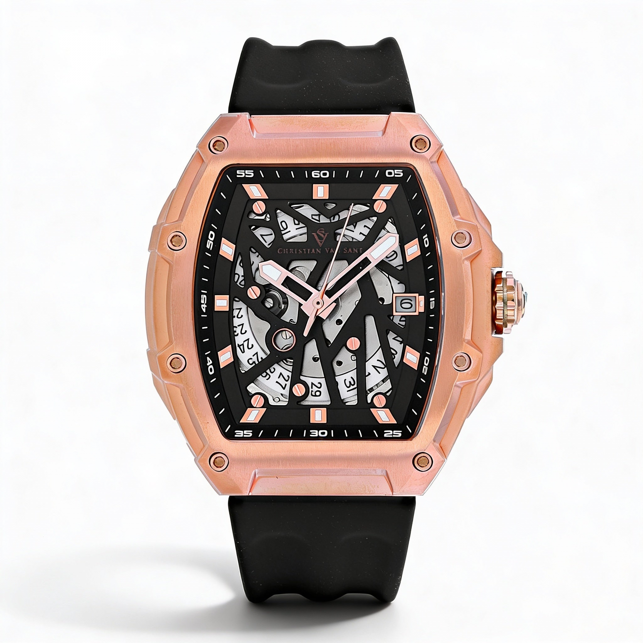 Reloj automático Christian Van Sant para hombre, esfera negra, caja de acero inoxidable, correa de caucho, resistente a arañazos y al agua., Photo 1