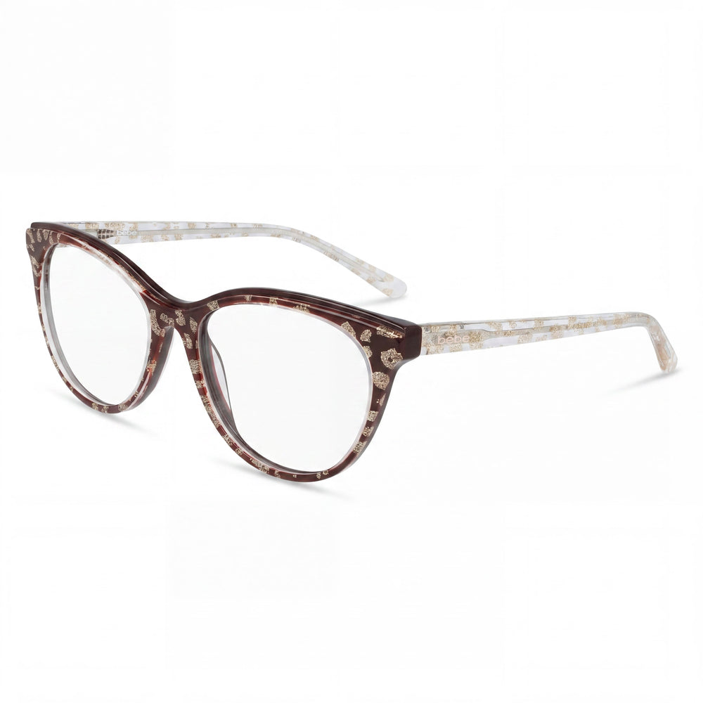 Monturas de gafas color borgoña para mujer de Bebe, diseñadas para acomodar lentes recetados y equipadas con lentes transparentes de demostración.