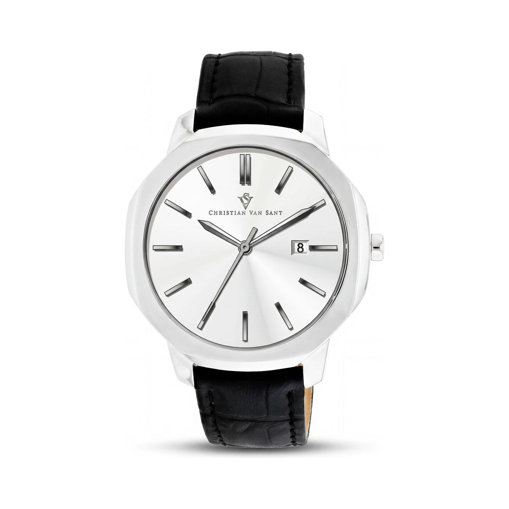 Reloj de cuarzo Christian Van Sant CV0531 para hombre, resistente a golpes, con caja de acero inoxidable plateado y correa de cuero.