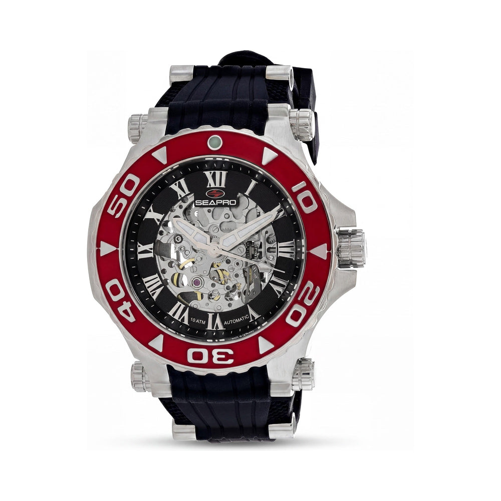 Seapro Modern Men's Automatic Watch with Black Stainless Steel Case, Rubber Strap, Water Resistant, Scratch-Resistant Mineral