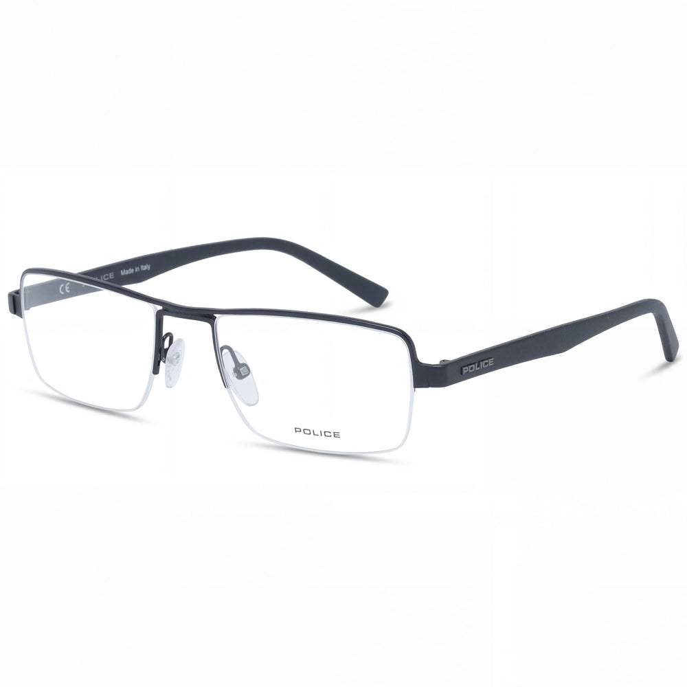 Police Modern Unisex Black Acetate + Metal Rectangle Semi Rimless Frame Eyeglasses with Clear Polycarbonate Lenses 52