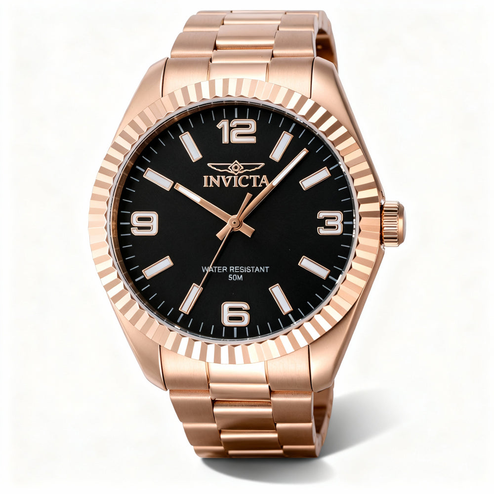 Reloj unisex Invicta Specialty 47461 de 43 mm con pulsera de cuarzo y acero inoxidable en oro rosa y esfera negra.