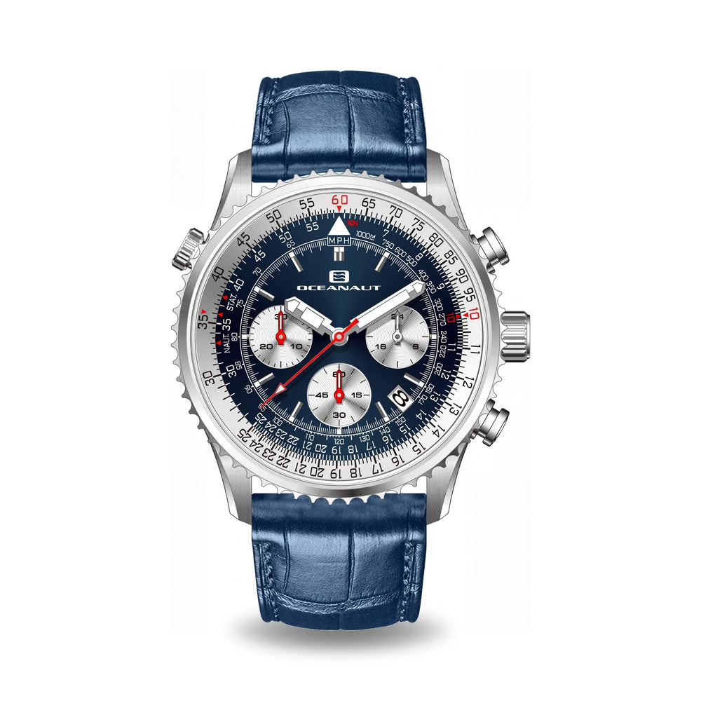 Reloj cronógrafo Oceanaut Classic para hombre con esfera azul, caja de acero inoxidable y correa de piel.