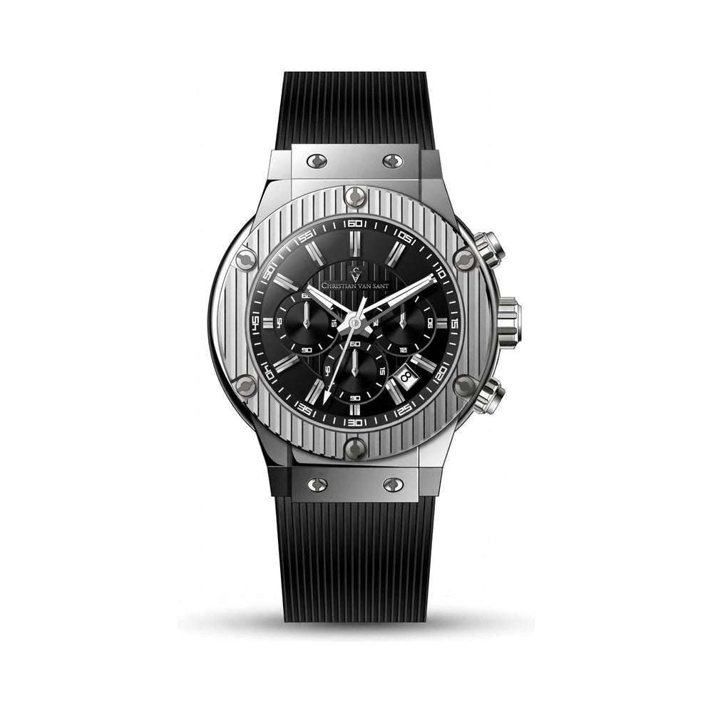 Reloj Christian Van Sant para hombre, resistente al agua, con caja de acero inoxidable negro y correa de caucho.