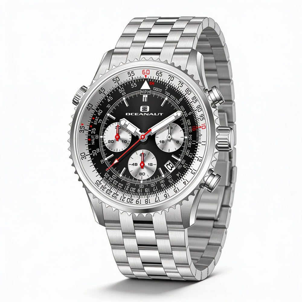 Reloj Oceanaut para hombre, con esfera negra, caja y pulsera de acero inoxidable, cronógrafo, resistente al agua hasta 100 m.
