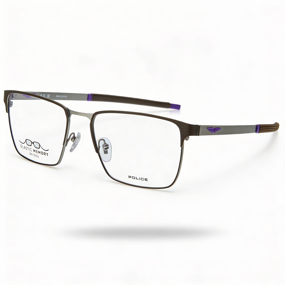 Montura de gafas Police Classic de metal para hombre, acabado paladio satinado mate con detalles de color, 56 mm