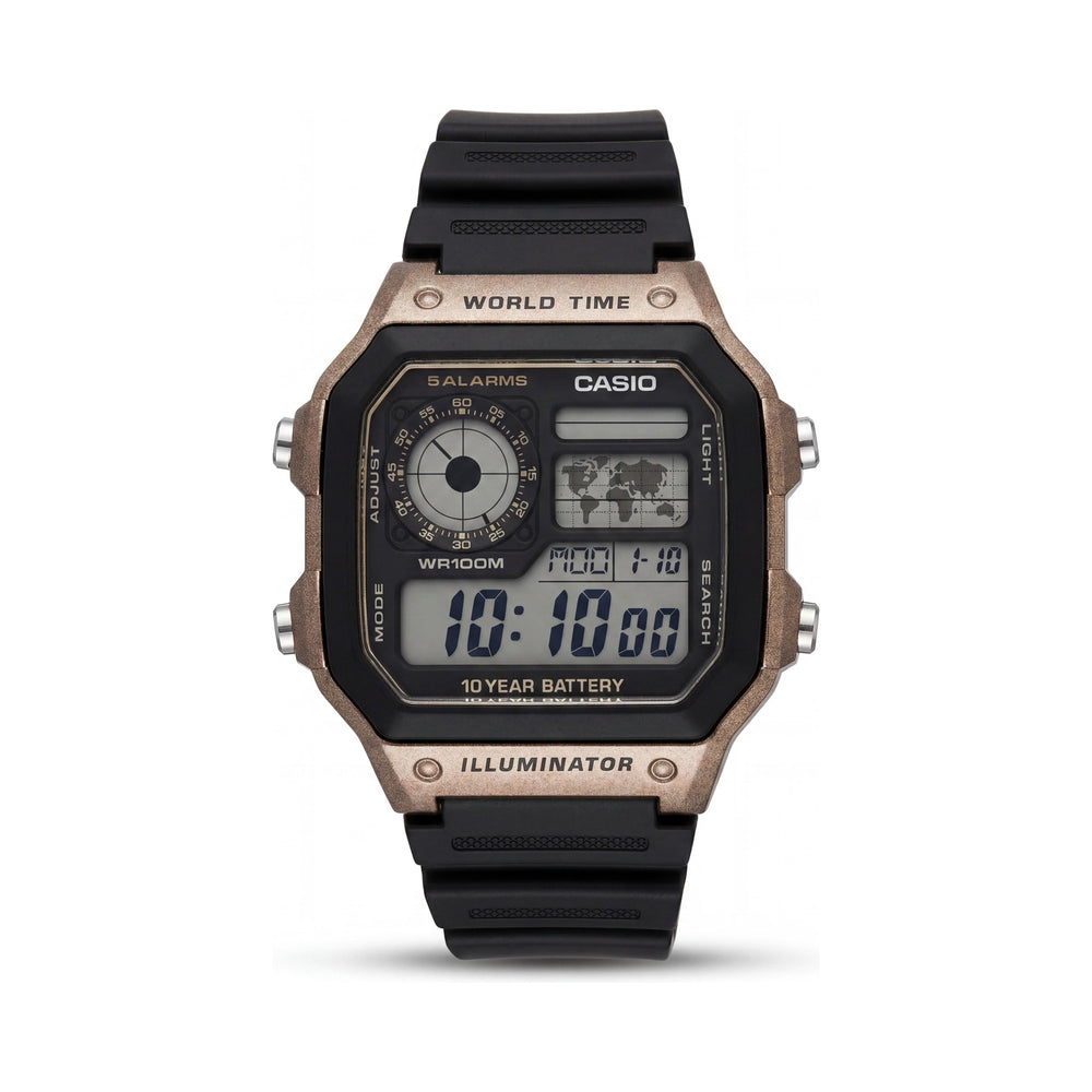 Casio AE-1200WH-5AVCF Men's Black & Gold Multifunction Digital Display Water Resistant Watch, 39.5mm
