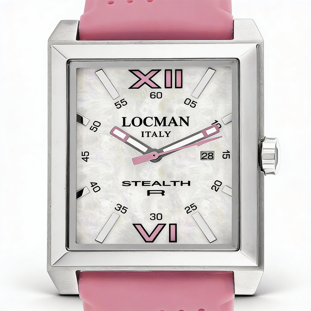 Locman Men's Quartz Movement Watch - White Stainless Steel Case, Silicone Strap, MOP Dial, Water Resistant