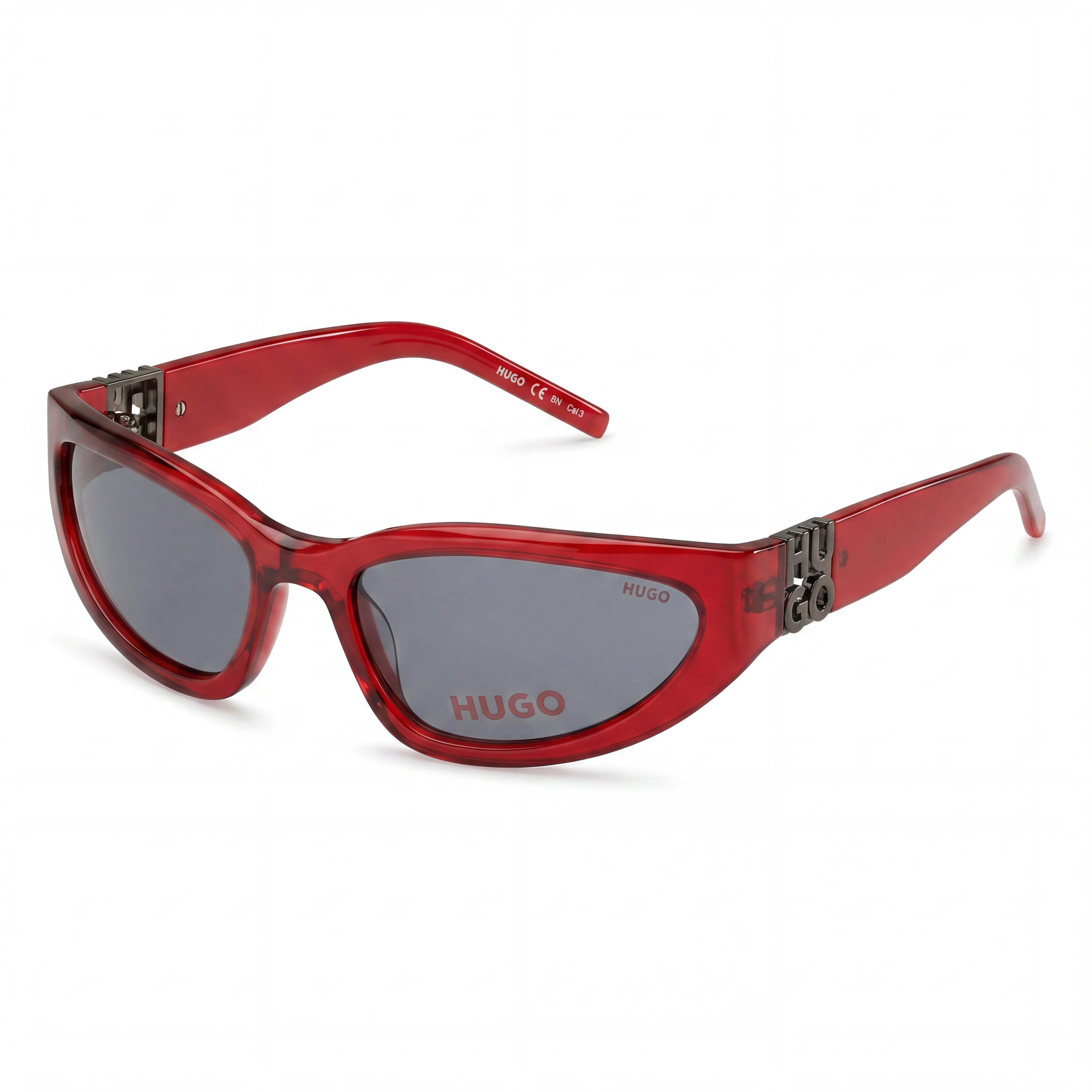 Hugo Boss Modern Unisex Red Plastic Frame Sunglasses with Grey Lenses, UV Protection, 7-1-4mm, Photo 1
