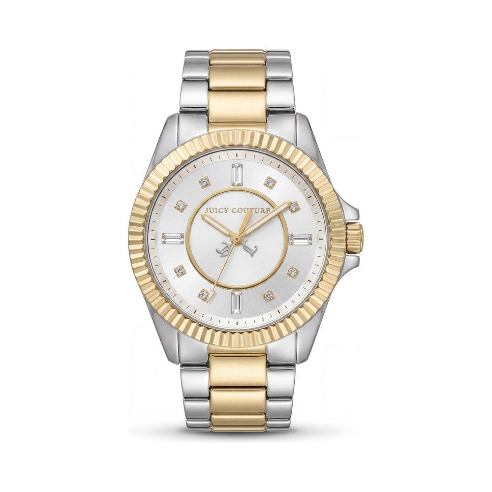 Juicy Couture Stella Reloj para mujer de 41 mm en oro amarillo y acero inoxidable de dos tonos, resistente al agua, con cristales de Swarovski, esfera plateada