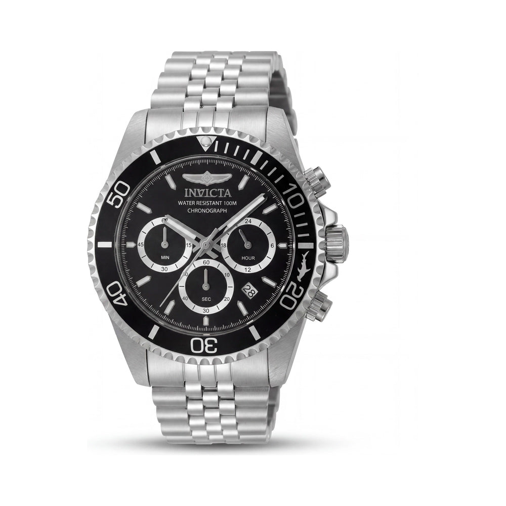 Reloj de cuarzo Invicta Pro Diver Classic para hombre, 43 mm, esfera negra y bisel de acero inoxidable plateado.