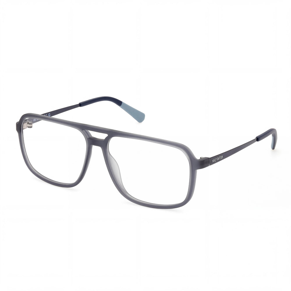 Montura de gafas Harley-Davidson azul mate para hombre, aptas para prescripción médica con lentes transparentes de demostración.