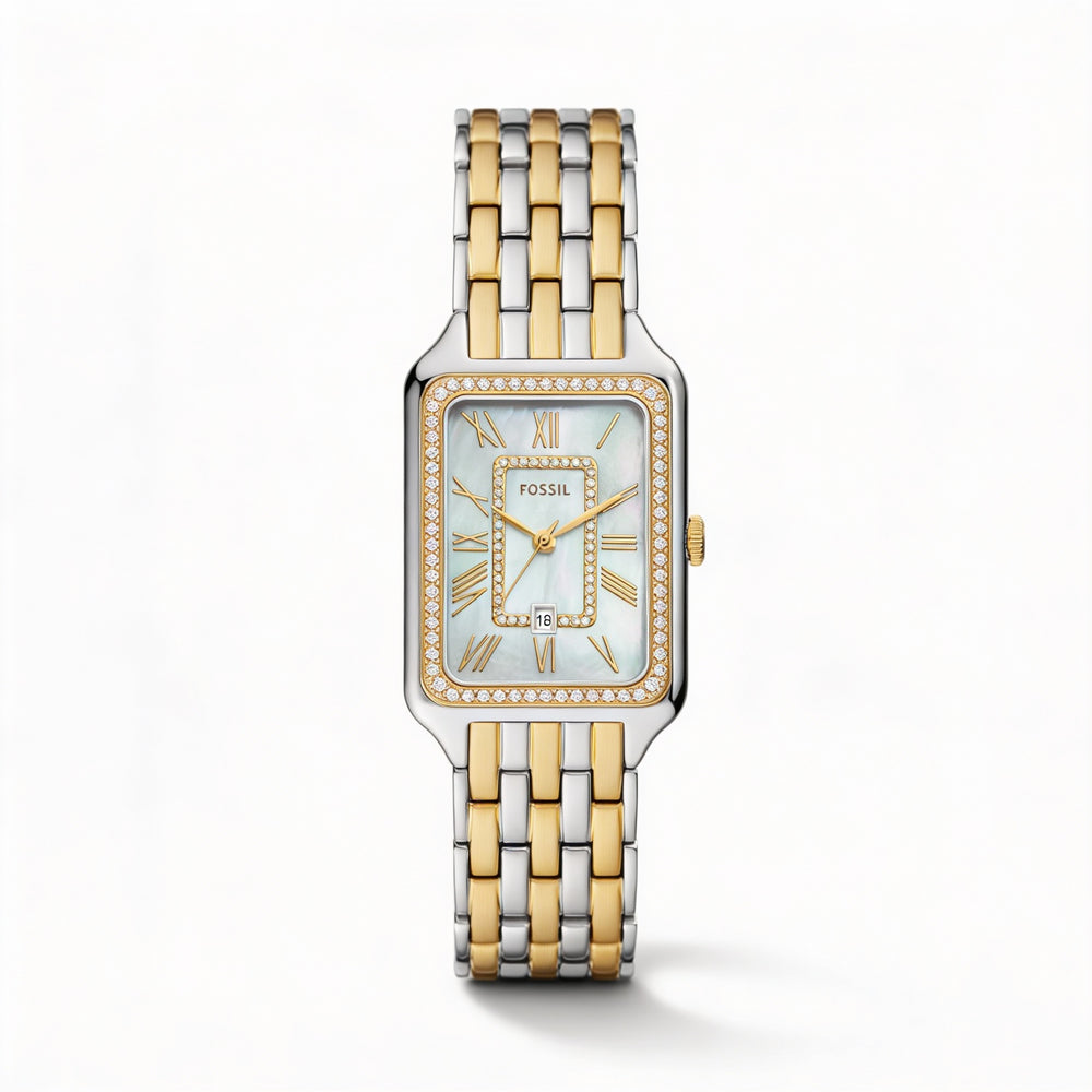 Reloj Fossil Raquel ES5305 de acero inoxidable bicolor con tres manecillas y fecha para mujer, esfera de nácar, resistente a arañazos, 26 mm